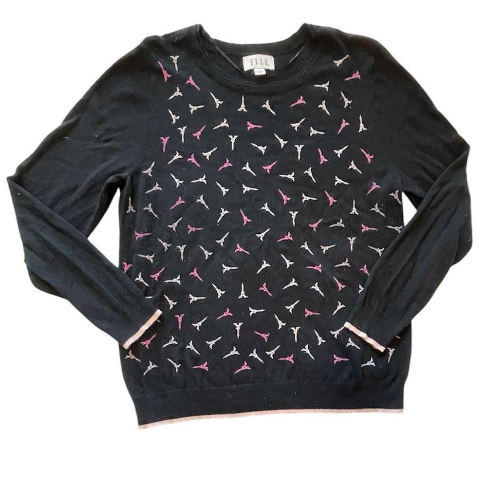 Elle Women's Black Sweater with Pink Eiffel Tower  Accents